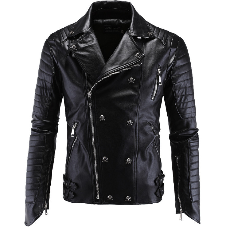 

Men Leather Jacket PU Clothing Boutique Punk Leather Jacket Men New Skull Motorcycle Multi Zippers Slim Fit -5XL, Black