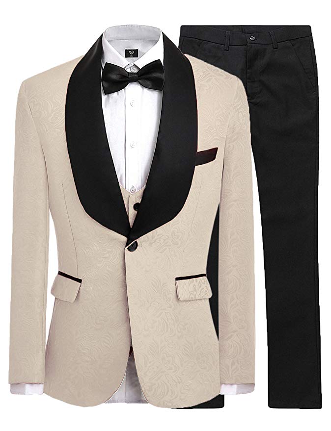 

Champagne Groomsmen One Button Groom Tuxedos Shawl Black Satin Lapel Men Suits Wedding Best Man ( Jacket+Pants+Vest+Tie ) C491, Ivory