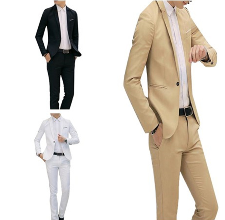 

2020 Hot sale New Male Wedding Prom Suit Khaki White Black Slim Fit Tuxedo Men Formal Business 2Pcs Work Wear Suits A52