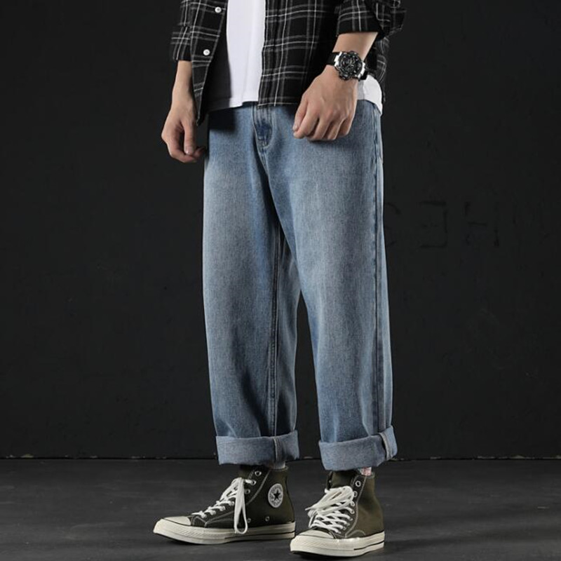 

Men Jeans Straight Harem Pants Man Japanese Streetwear Hip Hop Denim Male Loose Wide Leg Pants, Black