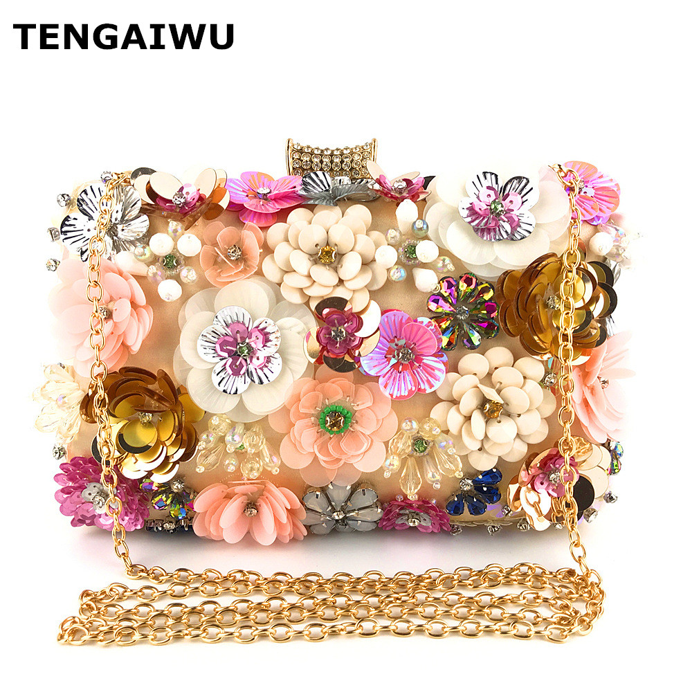 

Evening Bag High Quality Handmade Beaded Pearl Flower Lady Clutch Bag Wedding Bridal Purse Female Chain Handbag, As picture