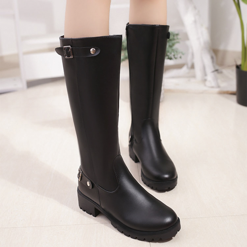 

Genuine Leather Punk Style Mid-Calf Boots Women's Pure Color Rain Boots Outdoor Zipper Buckle Water shoes For Female, Black