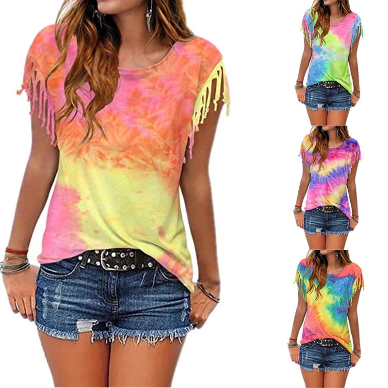 

New Women T Shirt Tie Dye Tops Burnt Tassel O Neck Short Sleeve Tee Shirts Summer Casual Loose Top Clothing, Navy blue