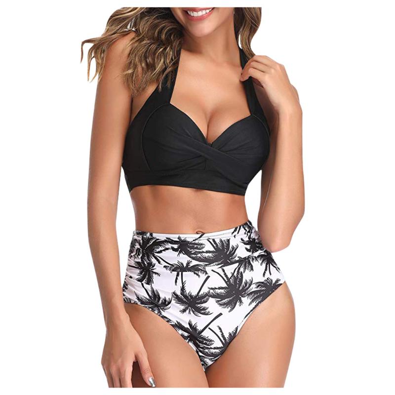 

2020 Fashion Women Vintage Swimsuit Two Pieces Retro Halter Ruched High Waist Print Bikini Set Black Polyester Swimwear#3