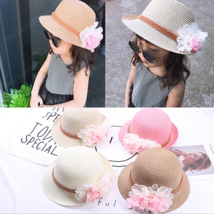 

wholesale Summer Kids Floral Straw Hats Fedora Hat Children Visor Beach Sun Baby Girls Sunhat Wide Brim Floppy Panama For Girl