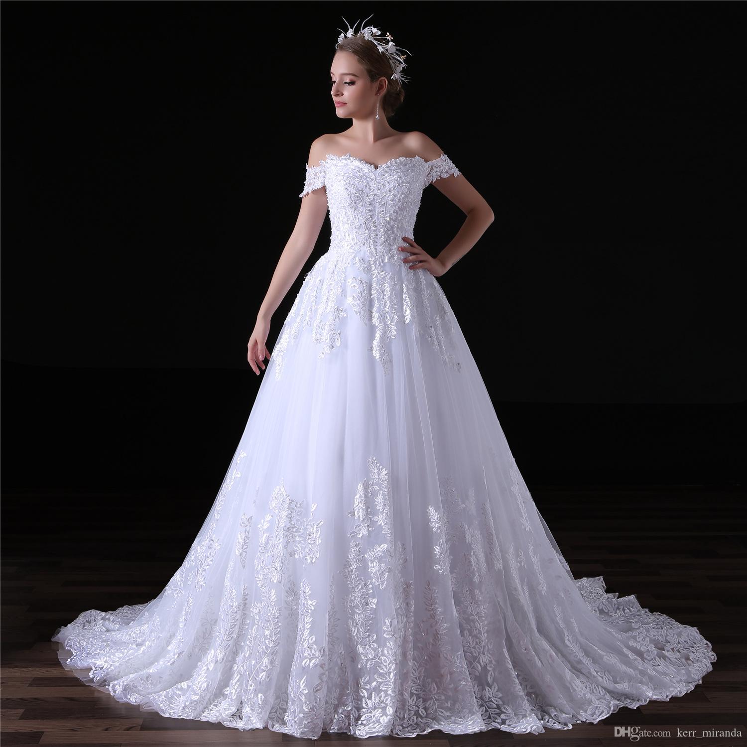 

Elegant Sweetheart Short Sleeves Dresses With Appliques Beading A Line Tulle Long Wedding Party Bride Dresses White Women Wedding Gowns