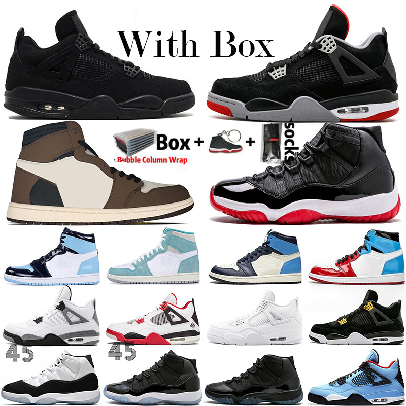 

2020 Black Cat 4 4s White Cement What The 1 1s Travis Scotts Grey Mens Basketball Shoes UNC Bred 11 11s Concord Men Sports Sneakers Trainers, 48