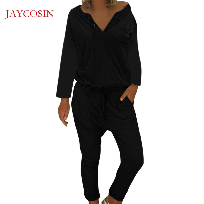 

JAYCOSIN Clothes Women Solid Color Jumpsuit Women Pocket Sexy V-Neck Long Sleeve Loose Jumpsuit Overalls For Summer E20, Gold