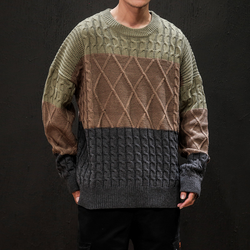 

Winter Thick Sweater Men's Warm Fashion Hit Color Retro O-neck Knit Pullover Men Knitting Sweaters Male Sweter Clothes, Blue