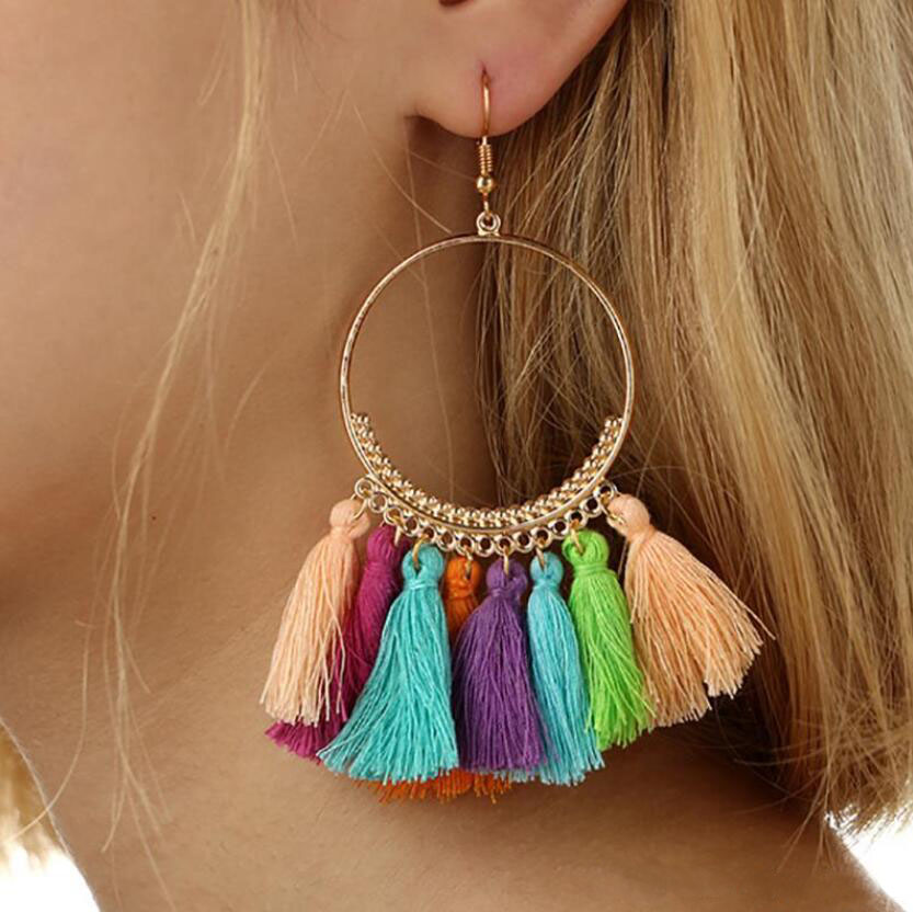 

Ethnic Vintage 17 Colors Long Tassel Hoop Earrings Female Maxi Silk Thread Bohemian Red Geometry Big Earrings For Women Jewelry Gift