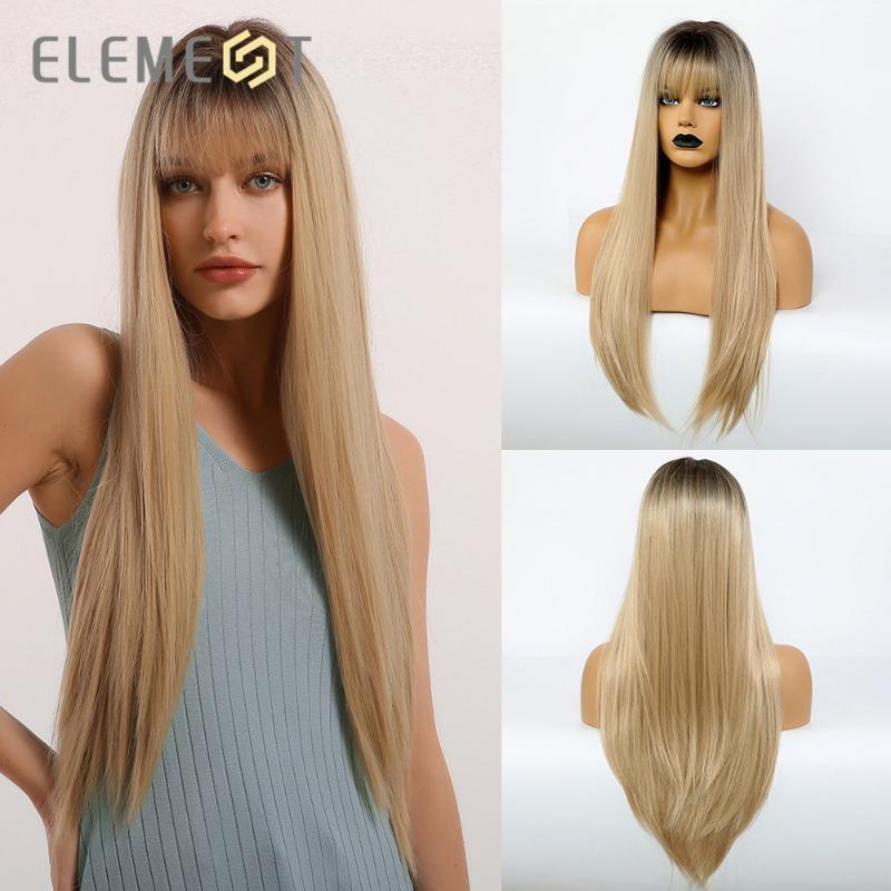 

High Temperature Synthetic Ombre Blonde Wig Long Silky Straight Cosplay Wigs with Bangs for White/Black Women, Lc244