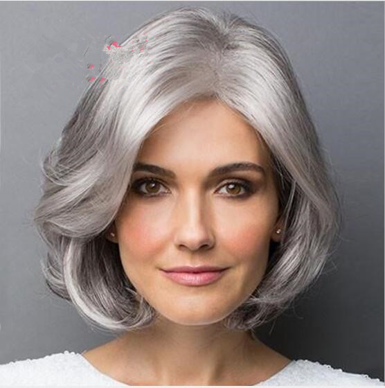 

New popular European and American wig lady silver grey pear flower head short curly hair fake hair spot wholesale
