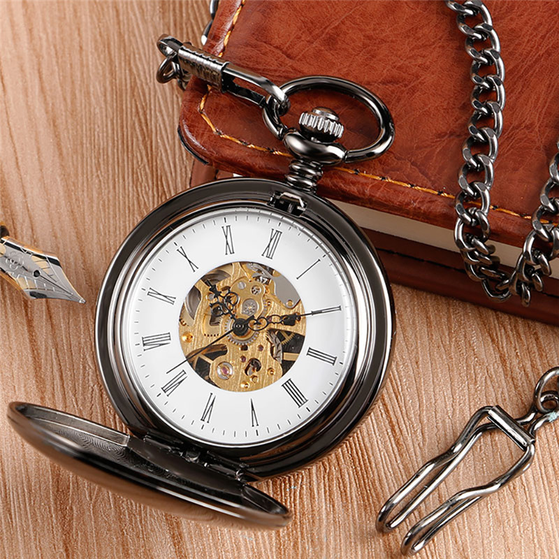 

Steampunk Full Black Mechanical Hand Wind Pocket Watch Smooth Double Hunter Case Skeleton Dial Fob Pendant Chain Men Women Clock Gift