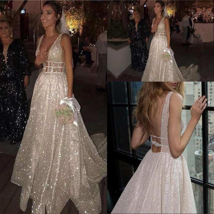 

Sexy Deep V Neck A Line Wedding Dresses Sparkly White Sequined Backless Boho Glitter Wedding Bride Gowns Robe De Soiree, Ivory