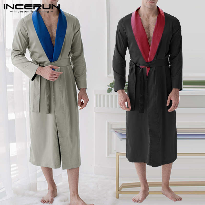 

INCERUN Fashion Men Sleep Robes Long Sleeve Soft Patchwork Sleepwear Comfortable Bathrobes V Neck Mens Homewear Kimono Nightgown, Black