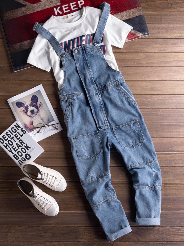 

Japanese retro trend Siamese overalls men' overalls Korean version of jeans men denim, Blue
