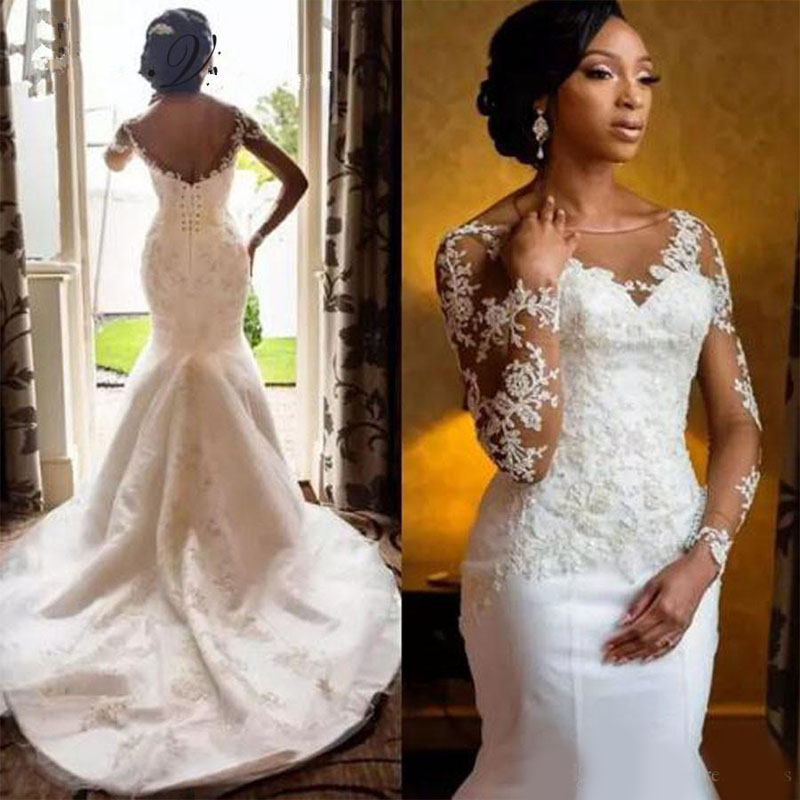 

African Sheer Long Sleeves Lace Mermaid Wedding Dresses 2020 Scoop Neck Tulle Applique Sweep Train robe de mariage With Lace Up Back, White