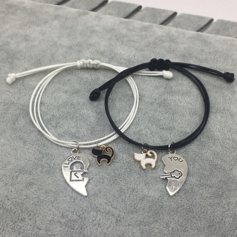 

New Fashion Couple Bracelet Stitching Heart Bracelets Women Cute Cat Pendant Romantic Valentine's Day Present For Lovers