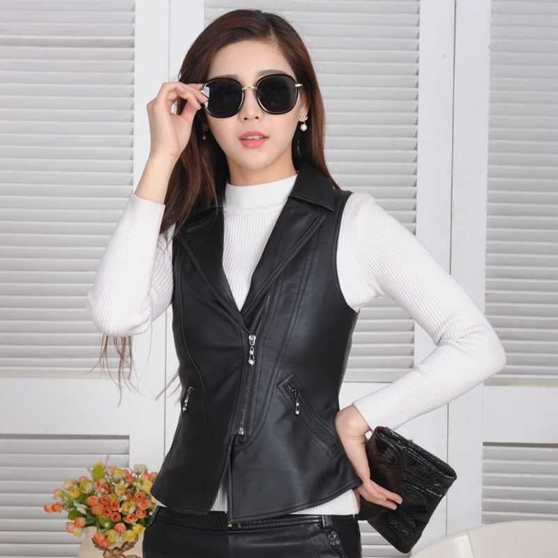 

Women' Vests Female Black Leather Vest 2021 Fashion Zipper Pu Jackets Women Motorcycle Jacket Waistcoat XZ747