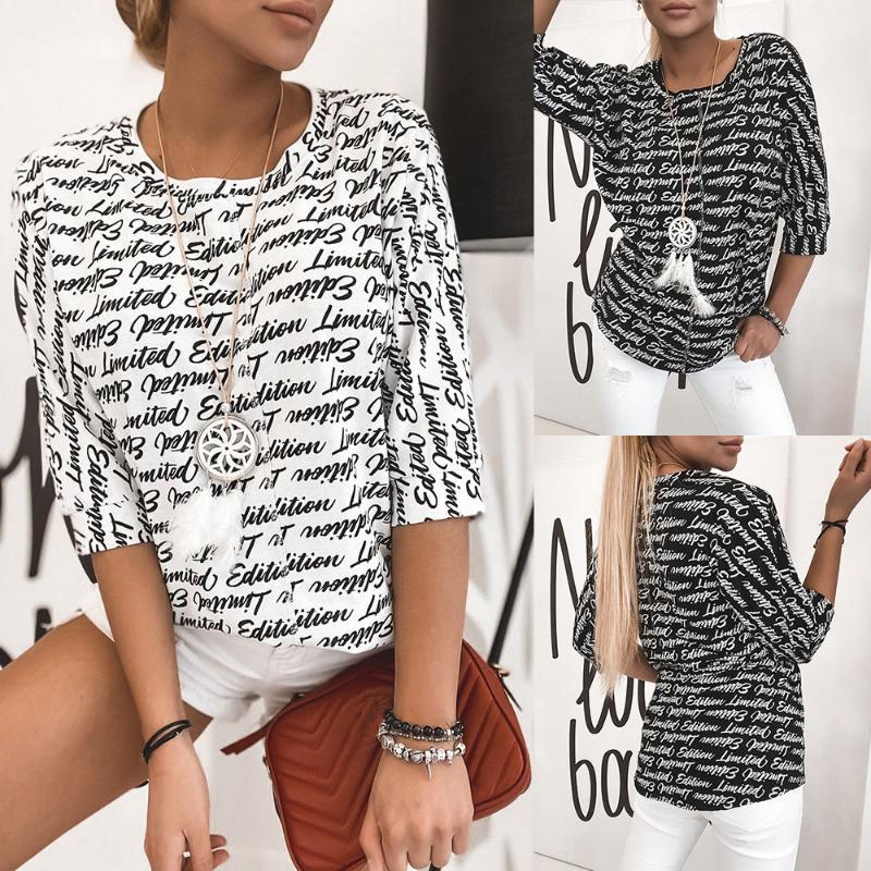 

Women Fashion Letter Print O-neck Half Sleeve T-shirt Top Summer 2020 New Casual Loose Tee Black Pullovers Top Streetwear Female, Zc3681 black