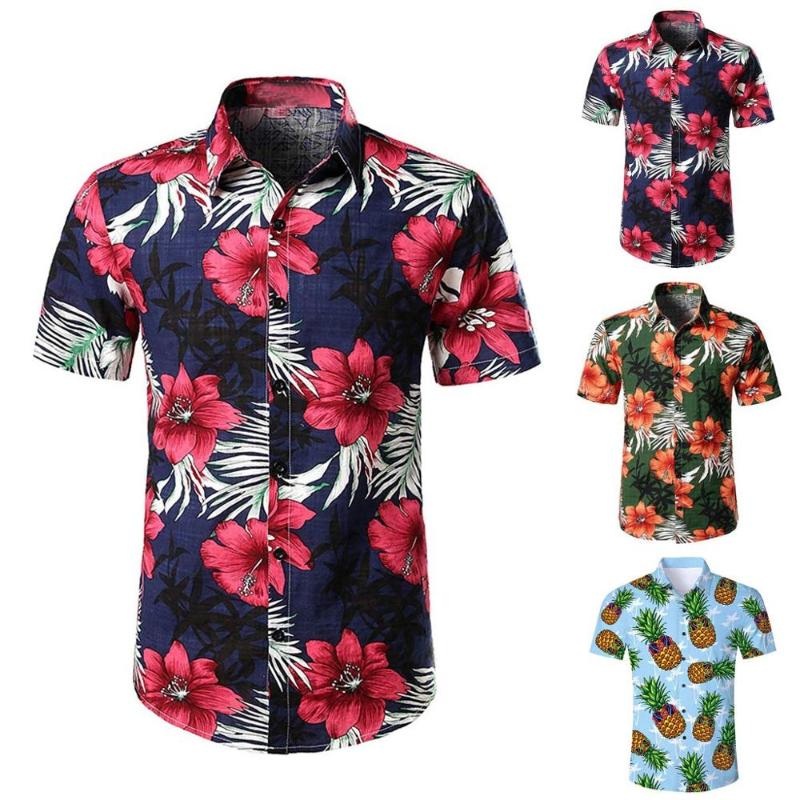 

Men's Hawaii Printed Splicing Pattern Casual Fashion Lapel Short Sleeve Shirt, Blue