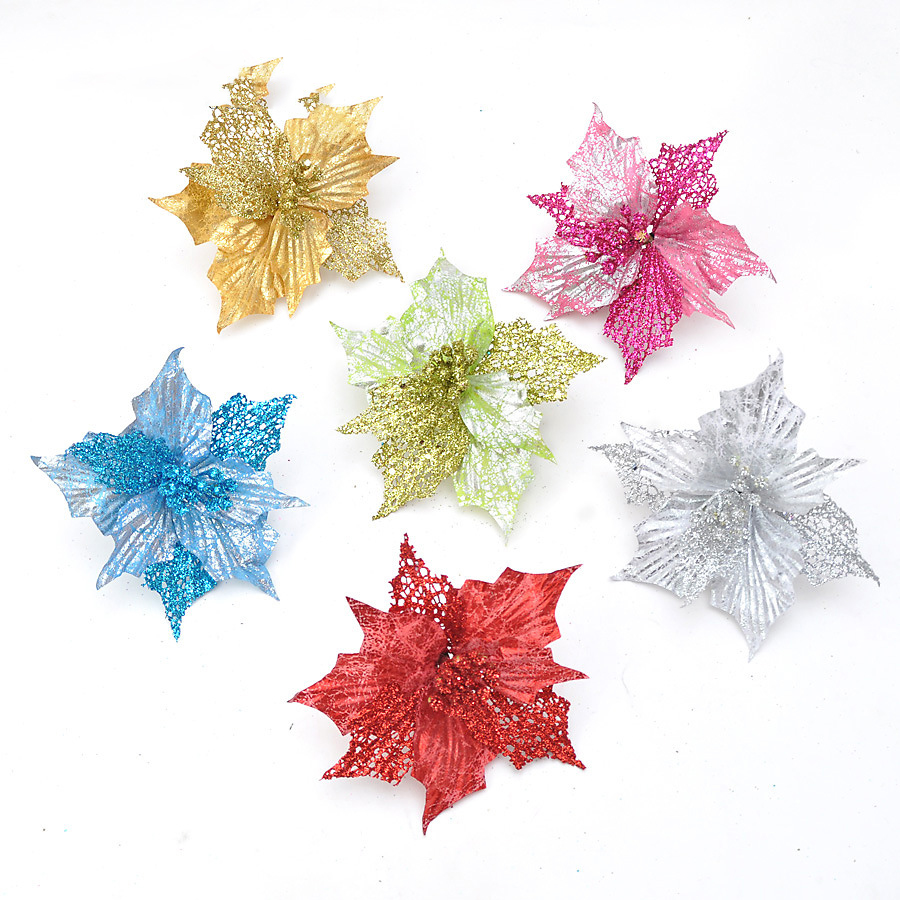 

5pcs DIY Elegant Cuttings Artificial Hollow Flower Glitter Poinsettia Home Ornament Festival Christmas Tree Decor Party Supplies
