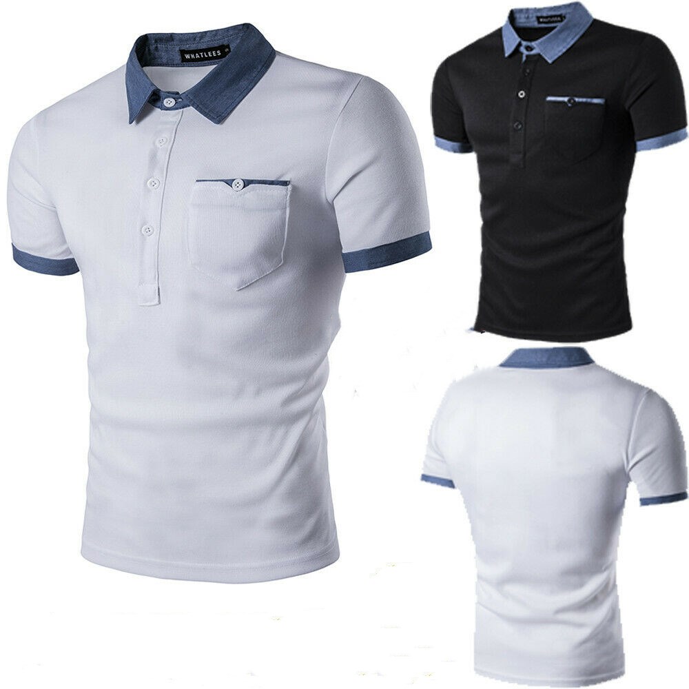 

2019 New Style With Pocket Button Men Slim Fit Shirts Short Sleeve Casual Tops Tee Fashion Hot Patchwork, Black