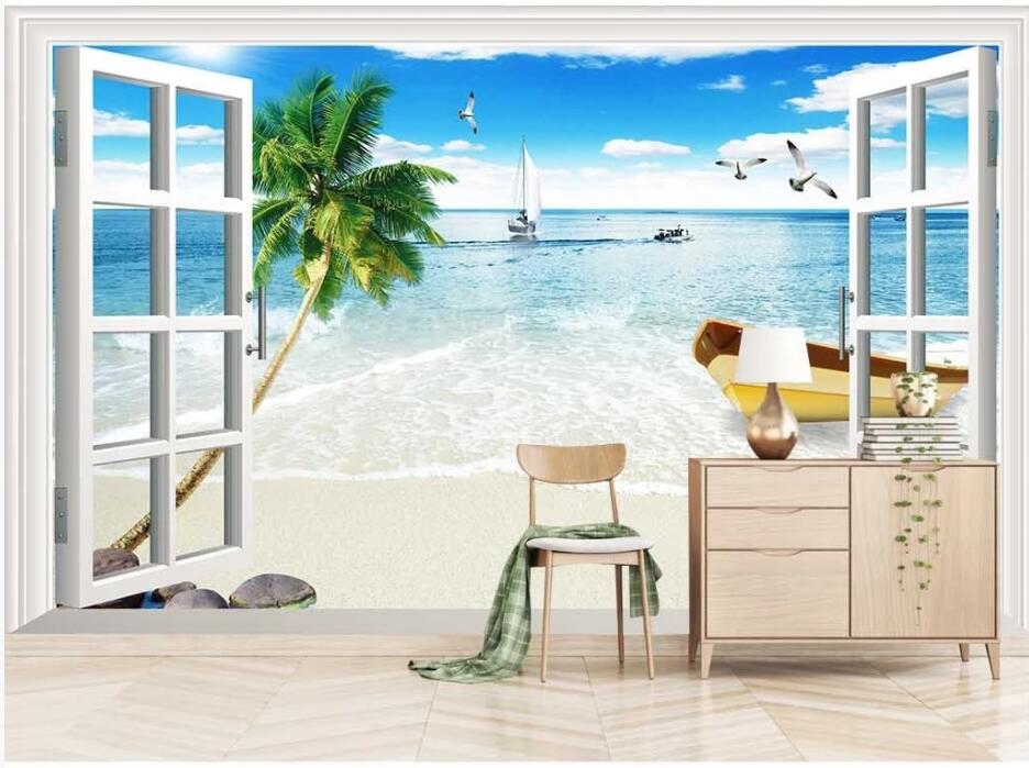 

custom photo 3d wallpaper Coconut beach boat scenery background home decor living room 3d wall murals wallpaper for walls 3 d, Non-woven wallpaper