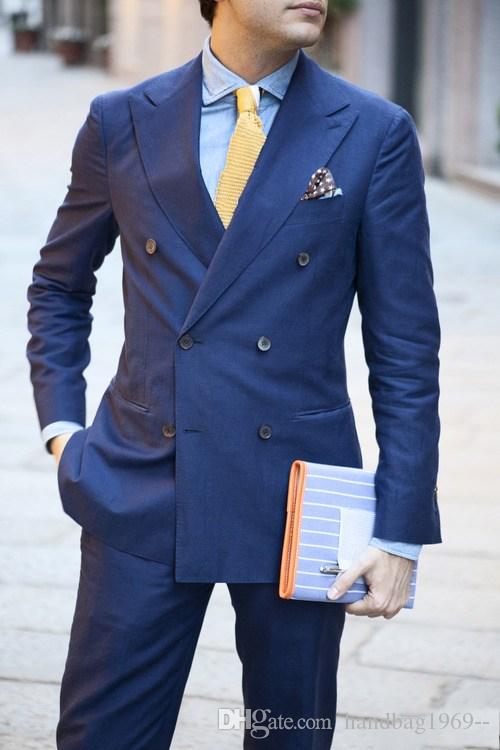 

High Quality Double Breasted Blue Groom Tuxedos Groomsmen Peak Lapel Best Man Blazer Mens Wedding Suits (Jacket+Pants+Tie) D:4, Same as image