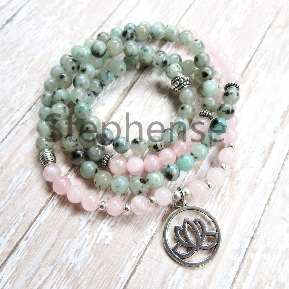 

MG0631 6 mm Kiwi Jasper Lotus Flower Charm Bracelet Rose Quartz 108 Mala Yoga Bracelet Hot Sale Women`s Wrist Mala Bracelet, Black
