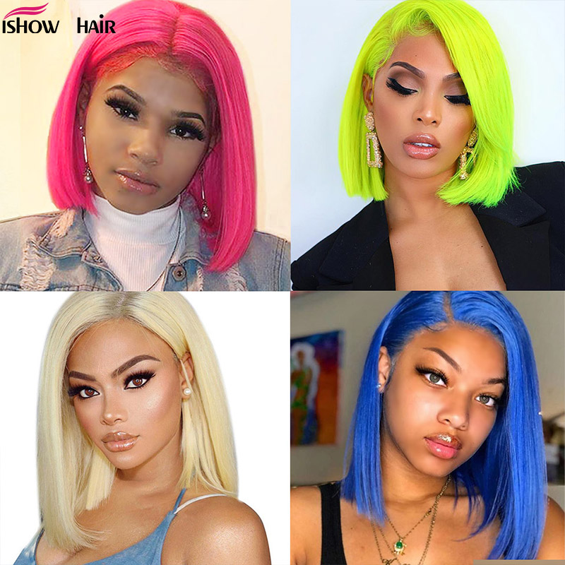 

613 Straight Bob Wig 13X4 Short Lace Front Human Hair Wigs For Women 150% Pink / Blue /Blonde Malaysian Straight Lace Front Wig, #613