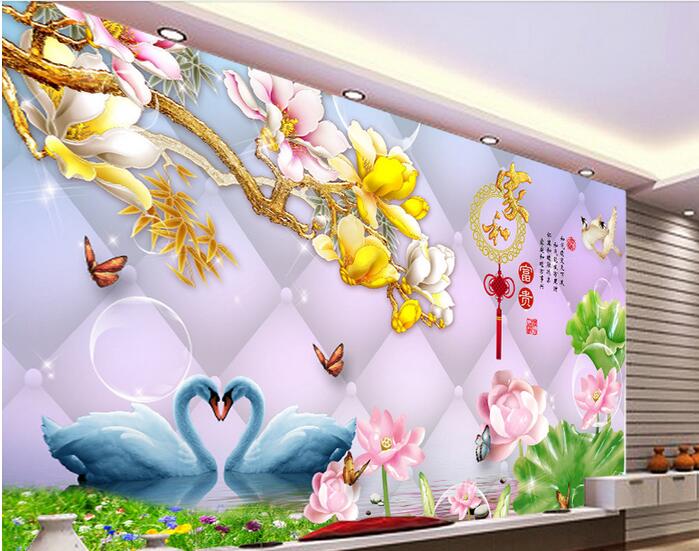 

3d wallpaper custom photo Chinese color carved magnolia swan jade carving lotus decor living room 3d wall murals wallpaper for walls 3 d, Non-woven wallpaper