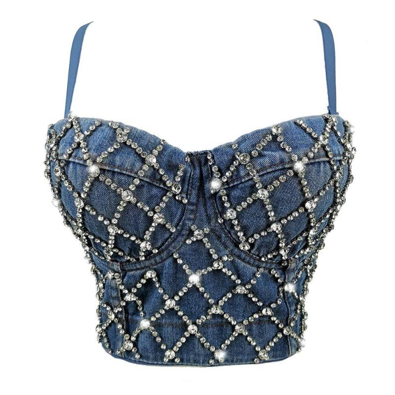 

2020 Rhinestone Cropped Top Diamond Push Up Denim Bra Women' Sexy Glitter Top Party Christmas Halloween Black Bralette Camis