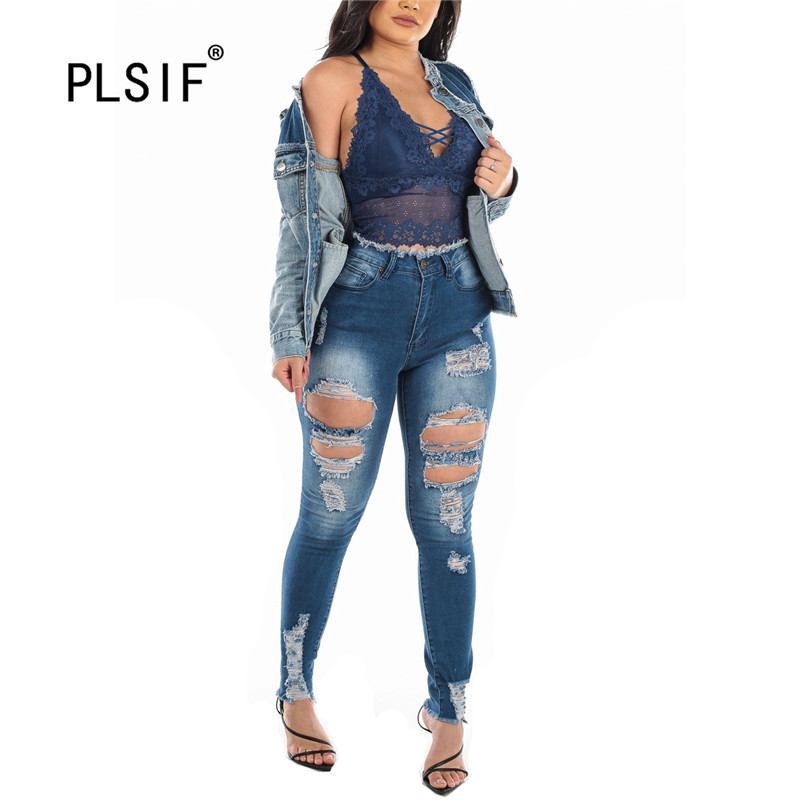 

Hot sale fashion sexy broken hole design lady jeans high waist sexy denim pencil pants classic fashion women denim pants, Blue