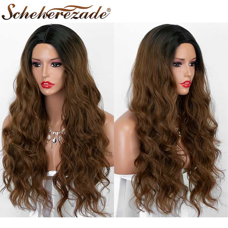 

Scheherezade Ombre Brown Synthetic Wigs Long Wavy Wigs For Women Middle Part Mixed Black Cosplay High Temperature Fiber, As pic