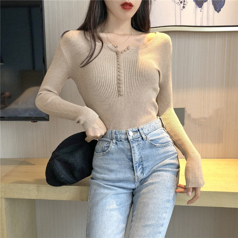 

2020 autumn women's sweater solid pullover women Korean style v neck slim casual jumpers knitted pull sweaters invierno mujer, Black