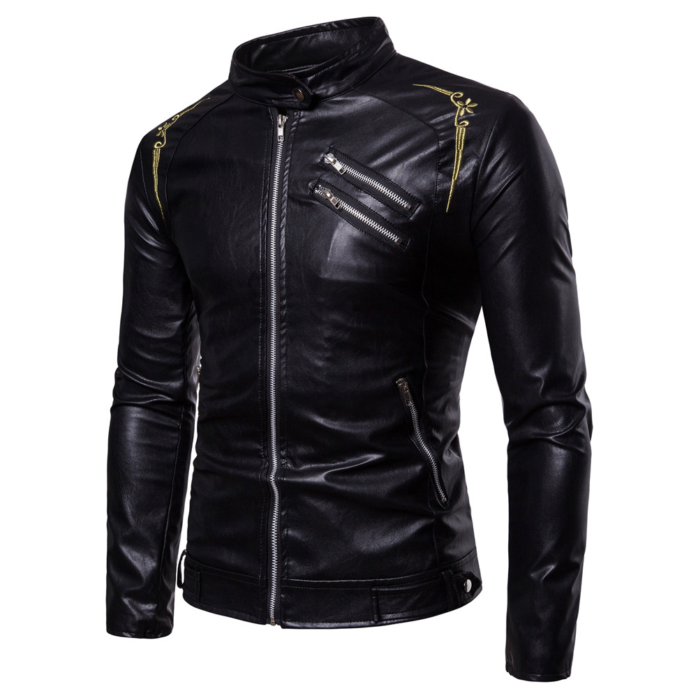 

Men Leather Motorcycle jacket fashion 80s long sleeves top coat Wind proof zipper clothes Dropshipping hot sale Genuine jackets, Black