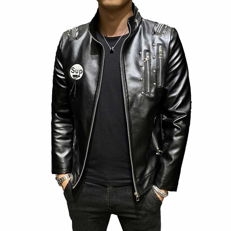 

Men Jakets Leather New Men's Lapel Men's Leather Punk Style Slim Zipper Decorative Men Jacket, Black