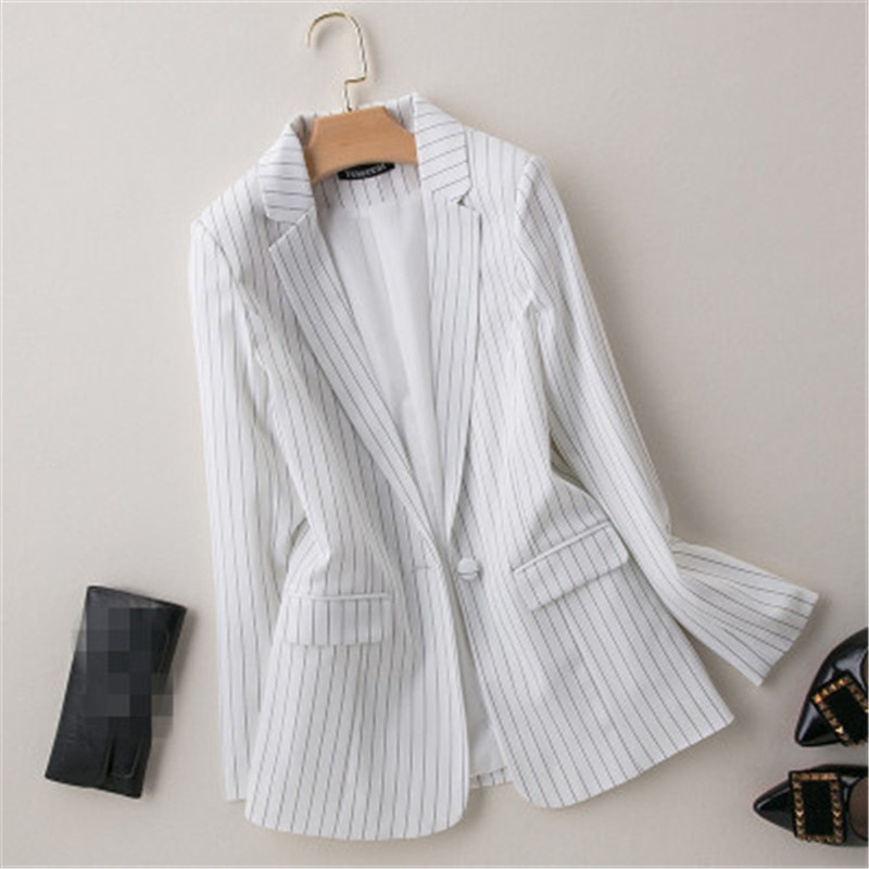 

Autumn 2020 New striped small suits plus size one button blazer professional office coat was thin spring Korean jacket female817, White