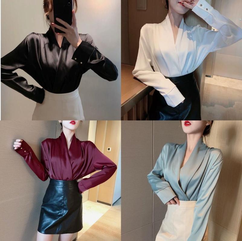 

Hi Girl New Spring Designer Blouse Satin V neck Long Sleeve Chiffon Blouses Loose Elegant Office Lady Shirt Blusa Femme 6 Colors, Green