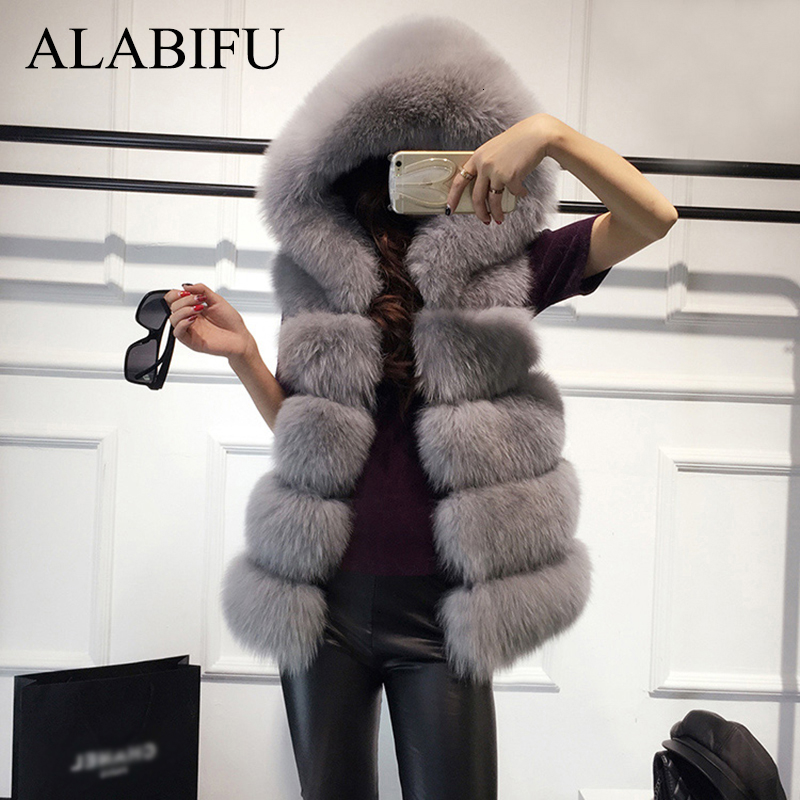 

ALABIFU Faux Fur Coat Women 2019 Casual Hoodies Warm Slim Sleeveless Faux Fox Fur Vest Winter Jacket Coat Women casaco feminino CJ191214, Gray