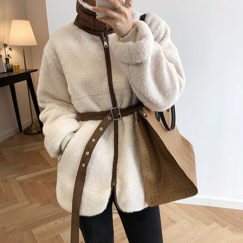 

Winter new thick cotton jacket women plus cotton loose lamb fur coat female long section waist motorcycle clothes, Beige