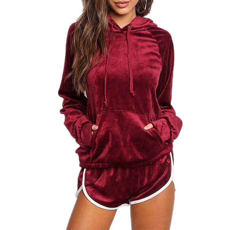 

Christmas Sportswear Gold Velvet Tracksuit Womens Two Piece Set Hooded Hoodies Short Pants Casual Sporting Suits Running Set, Blue