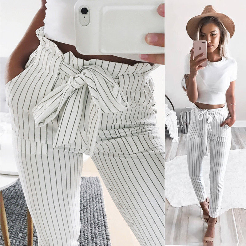 

Fashion Casual Women Ladies High Waist Elastic Pencil Pants Casual Lady Solid Striped Pencil Trouser White, As pic