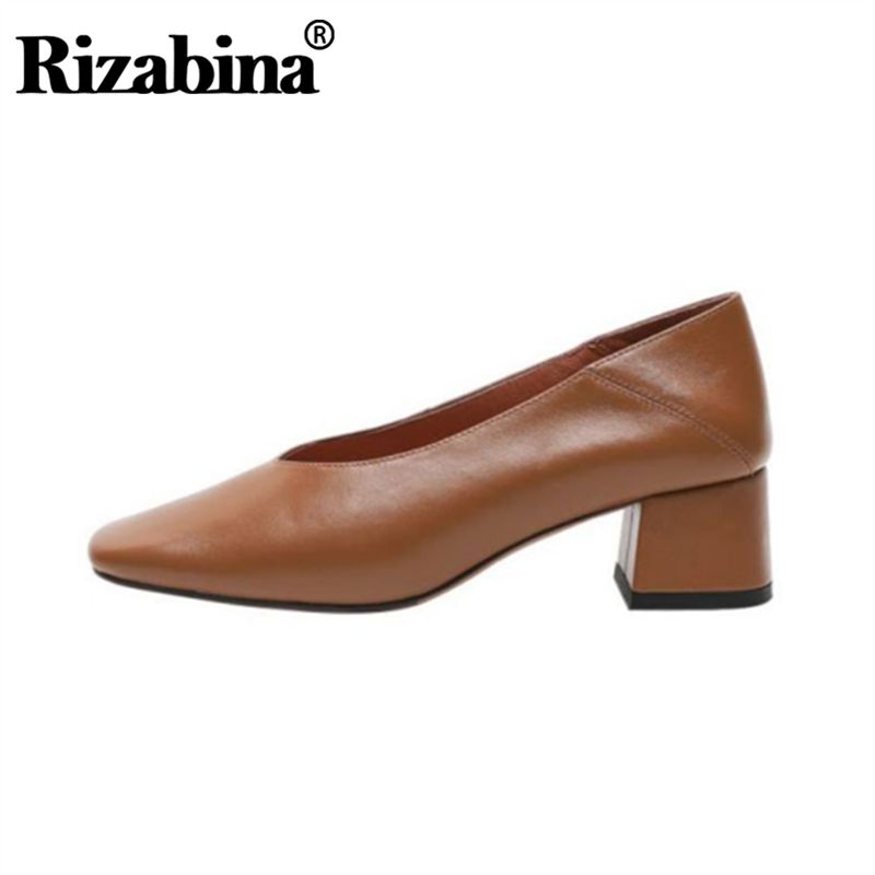 

RizaBina Women Autumn Spring Thick High Heel Shoes Women Fashion Square Toe Real Leather Single Shoes Office Footwear Size 34-39, Caramel color