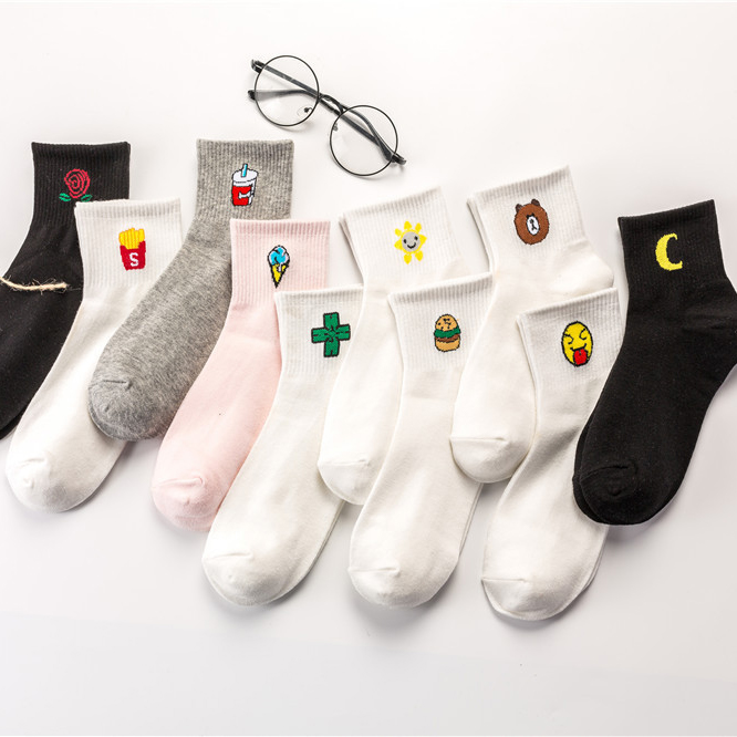 

Sock female Harajuku style funny cartoon fun tide socks cotton student sports white socks, 001