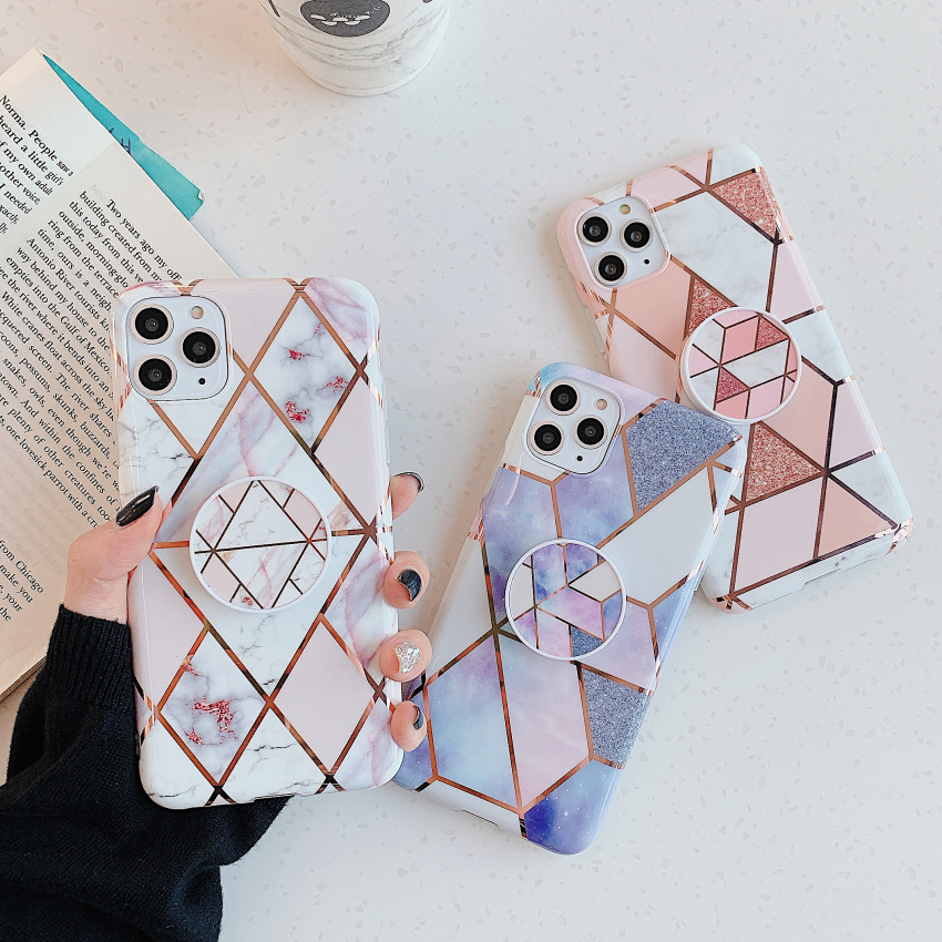 

Soft TPU Plated Cover Phone Grip Holder Marble Case for iPhone 12 mini 11 Pro XS Max XR X 6 7 8 Plus