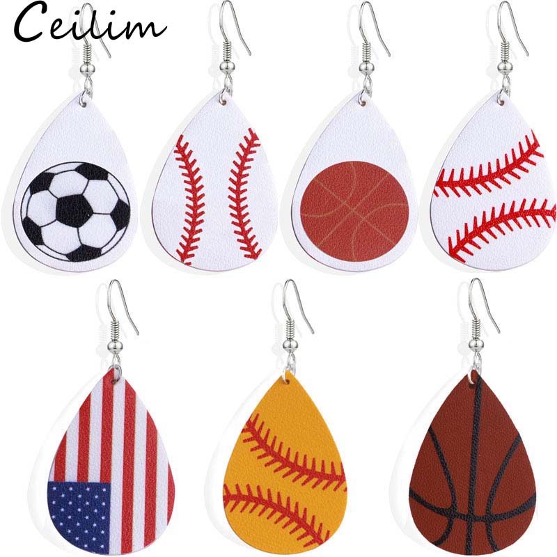 

2019 New Arrival Teardrop PU Leather Earrings Baseball Basketball Football Volleyball Sport Dangle Earring For Women Jewelry Gifts