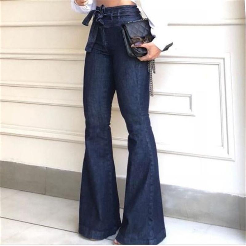

Lady Wide Leg Pants Women High waist micro elastic strap flared pants sashes jeans Chic Streetwear office Casual X90, Blue