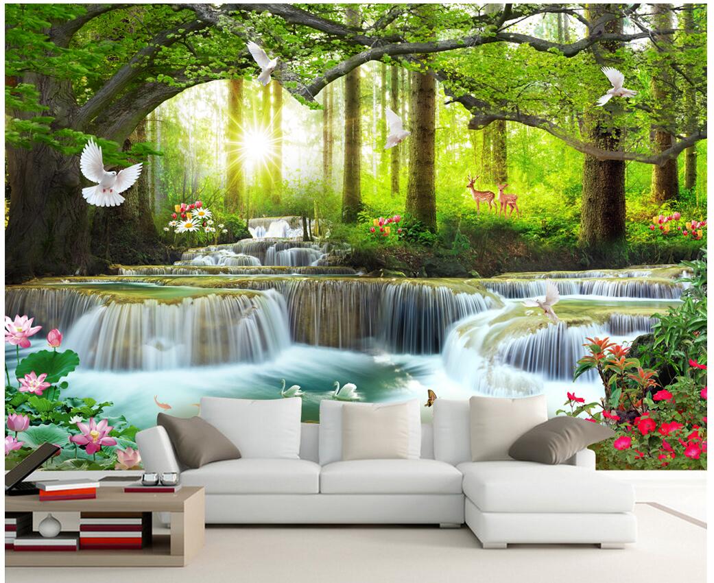 

3d photo wallpaper custom mural on the wall Green big tree forest waterfall background wall home decor living room wallpaper for walls 3 d